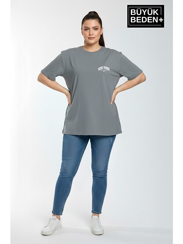 Süperlife Kadın Büyük Beden New York Baskılı 3xl-6xl Bisiklet Yaka Tshırt SPR25BTSK510-05
