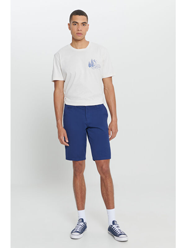 AC&Co / Altınyıldız Classics Erkek İndigo Slim Fit Dar Kesim Armürlü %100 Pamuk Casual Chino Şort