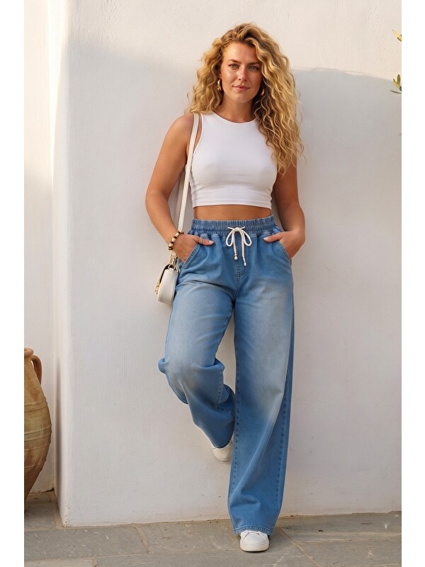 Chiccy İtalyan Jean Mavisi Elastanlı Lastikli Bel Geniş Paça Casual Standart Denim Pantolon 110 63