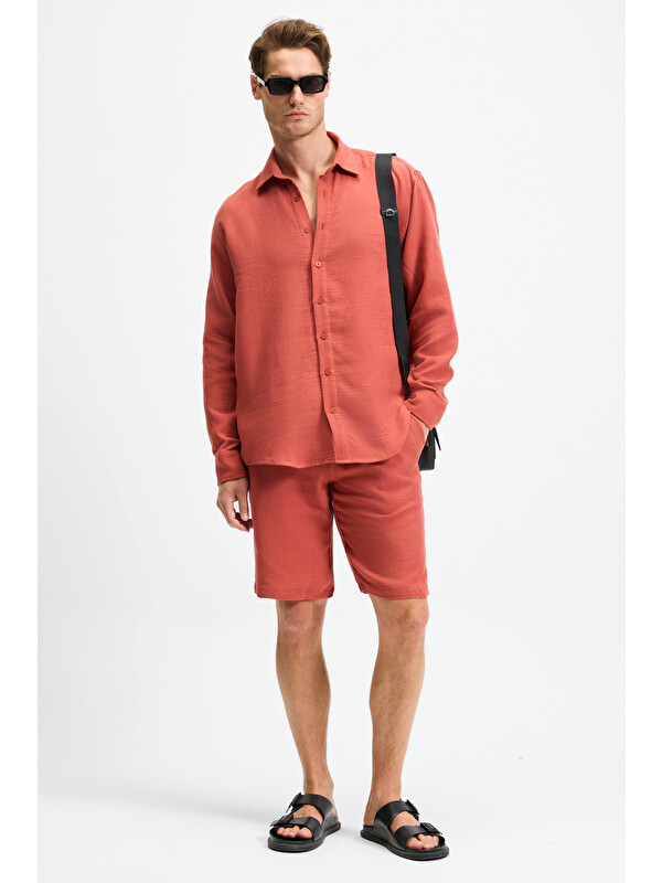 GRIMELANGE JENS Erkek %100 Pamuk Yanları Cepli Slim Fit Dar Kesim KİREMİT Şort