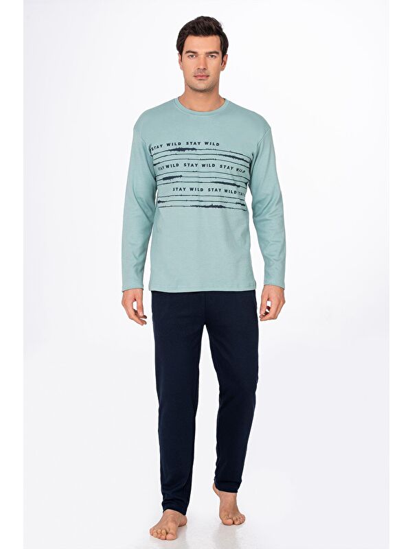 Kompedan Erkek Stay Wild Baskılı Pamuklu Pijama Takımı | Su Yeşili 028