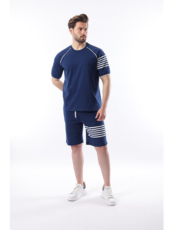 Madmext Lacivert Baskılı Reglan Kol Erkek Şort T-Shirt Takımı E7306