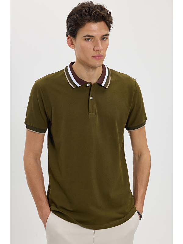 TUDORS Erkek Slim Fit Dar Kesim %100 Pamuk Haki Polo Yaka Tişört