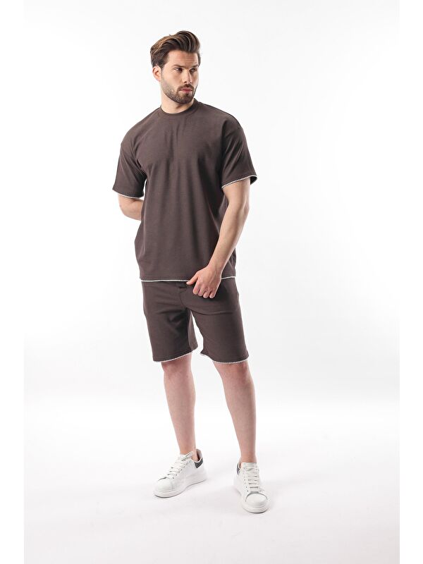 Madmext Kahverengi Nakış Detaylı Erkek Şort T-Shirt Takım E7305