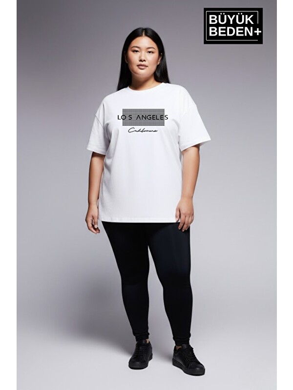 Süperlife Kadın Büyük Beden Los Angeles Baskılı 3xl-6xl Bisiklet Yaka Tshırt SPR26BTSK510-18