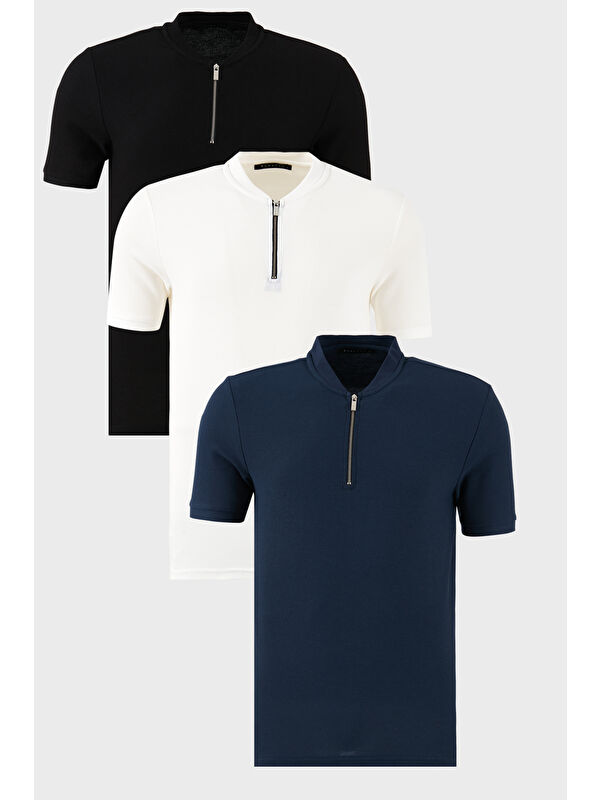 Buratti Pamuklu Regular Fit Yarım Fermuarlı Kolej Yaka 3'lü Paket Tişört 5902653S3