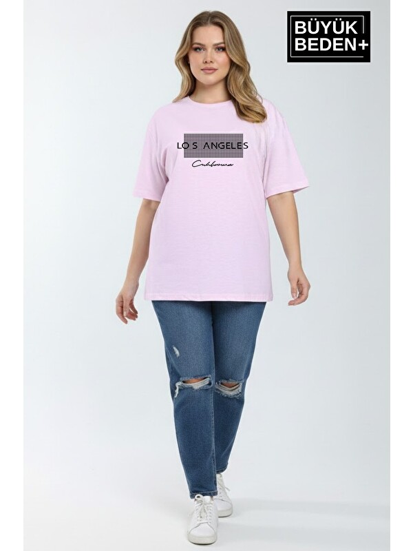 Süperlife Kadın Büyük Beden Los Angeles Baskılı 3xl-6xl Bisiklet Yaka Tshırt SPR26BTSK510-18