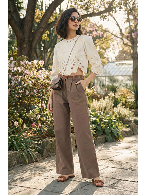 Lela Pamuklu Wide Leg Yüksek Bel Geniş Paça Kemerli Kadın Pantolon 668YP5429