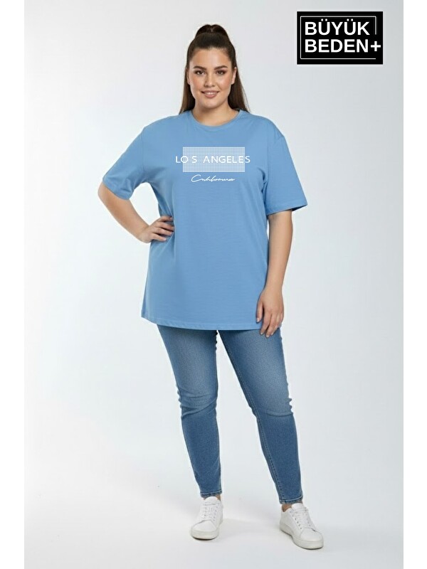 Süperlife Kadın Büyük Beden Los Angeles Baskılı 3xl-6xl Bisiklet Yaka Tshırt SPR26BTSK510-18