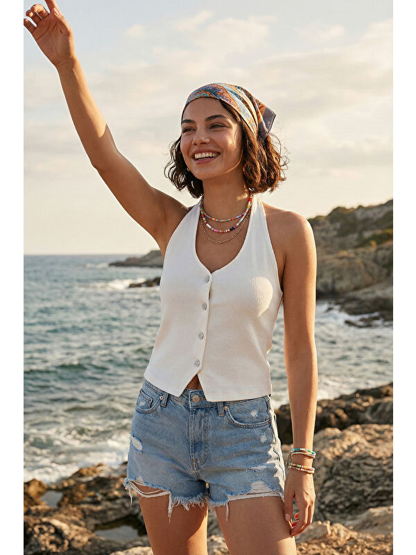 Lela Fitilli Fitted Fit Halter Yaka Sırt Dekolteli Kadın Yelek 5866515