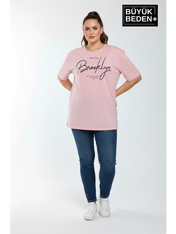 Süperlife Kadın Büyük Beden El Yazılı Brooklyn Baskılı 3xl-6xl Bisiklet Yaka Tshırt SPR25BTSK510-6