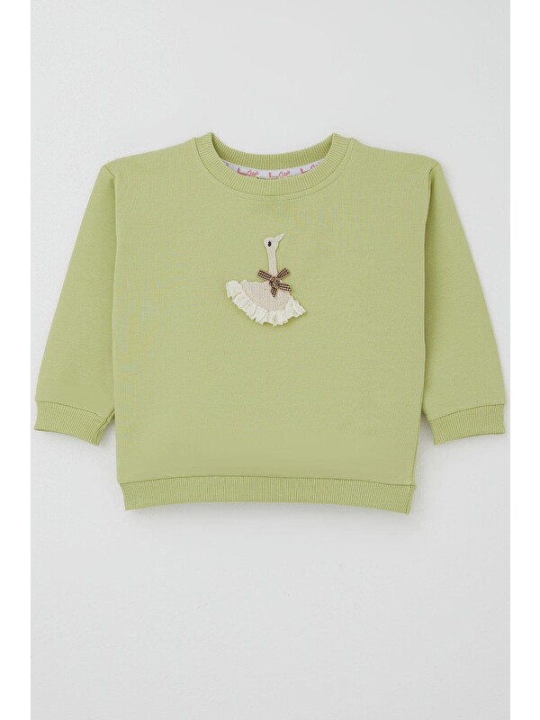 Breeze Kız Çocuk Sweatshirt Kuğu Armalı Fiyonk Detaylı Fıstık Yeşili (2-6 Yaş)