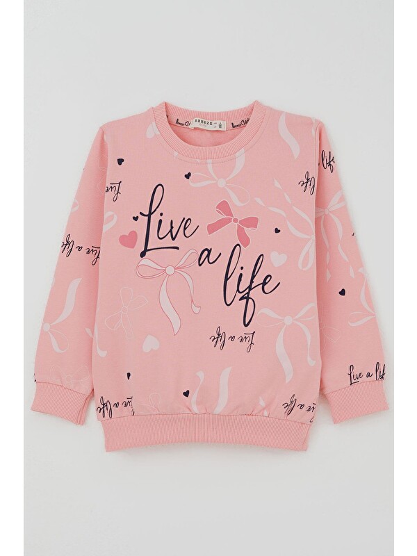 Breeze Kız Çocuk Sweatshirt Fiyonk & Kalp Baskılı Pembe (4-5 Yaş)