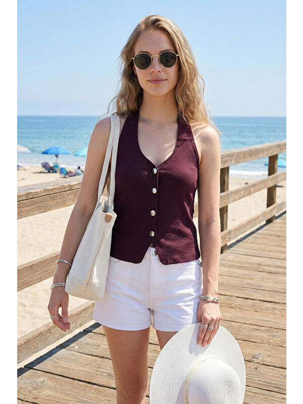 Lela Fitilli Fitted Fit Halter Yaka Sırt Dekolteli Kadın Yelek 5866515