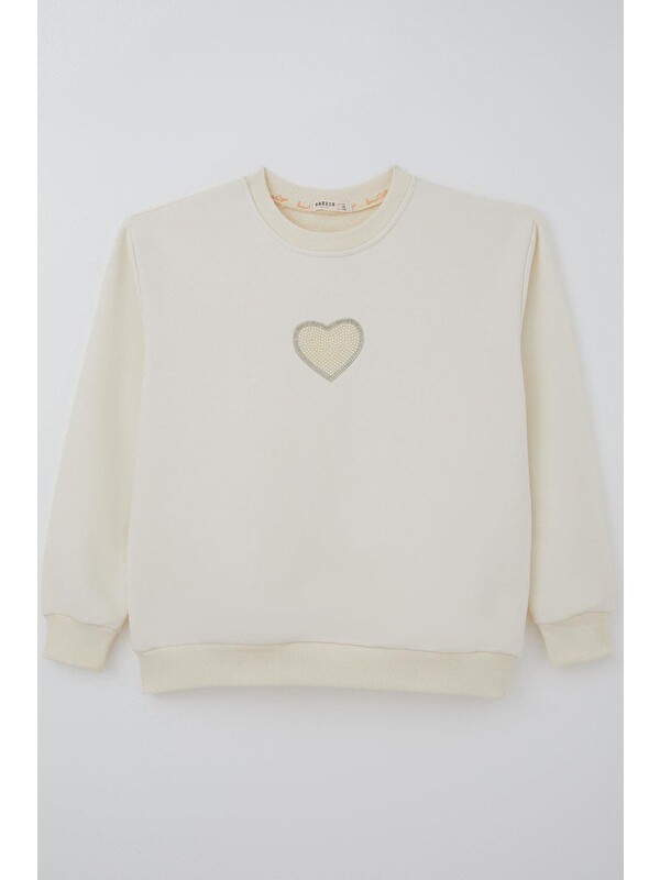 Breeze Kız Çocuk Sweatshirt Işıltılı Kalp Masalı İnci İşlemeli Krem (9-14 Yaş)