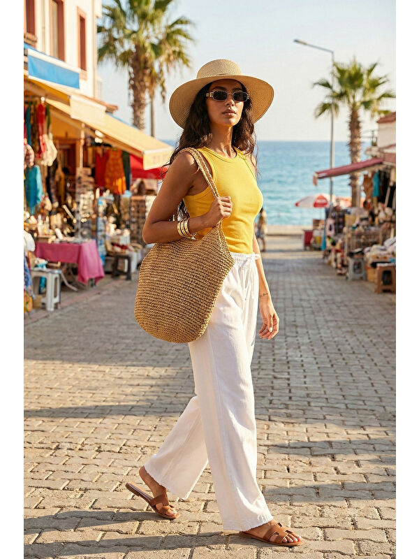 Lela Pamuklu Belden Bağlamalı Yüksek Bel Geniş Paça Cepli Regular Fit Kadın Pantolon 668YP4760