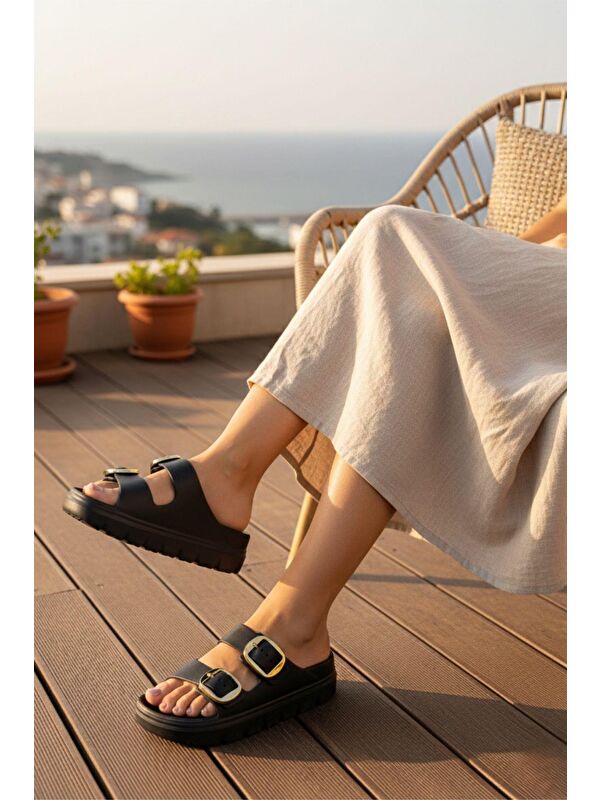 Oksit Lovi Z022 Gold Toka Detaylı Platform Tabanlı Anatomik Kadın Terlik