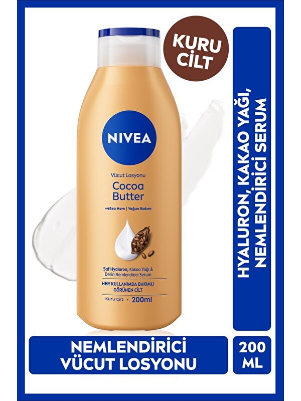 NIVEA Nemlendirici Vücut Losyonu Cocoa Butter 200 ml,Kakao Yağı,Hyaluron,Kuru Cilt