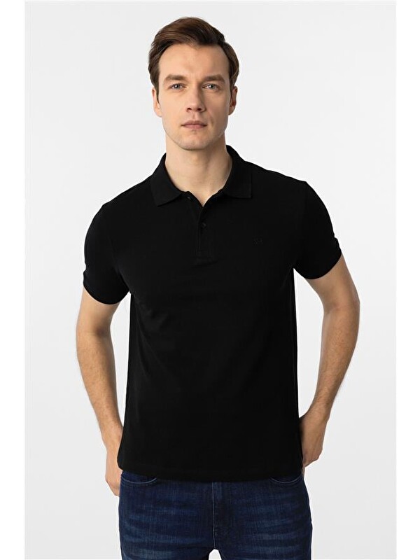 Süvari Siyah Slim Düz Polo Yaka Tişört
