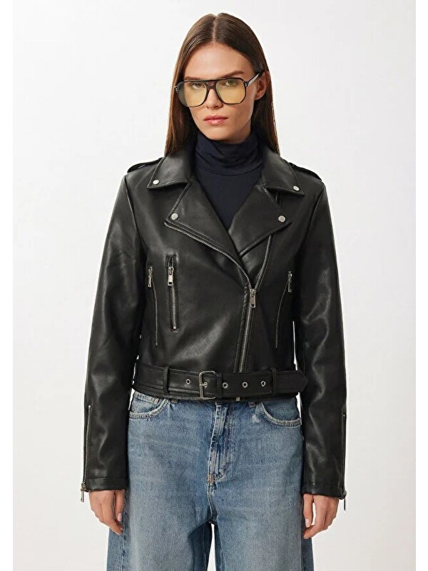 ginger love Kemerli Suni Deri Biker Ceket Siyah
