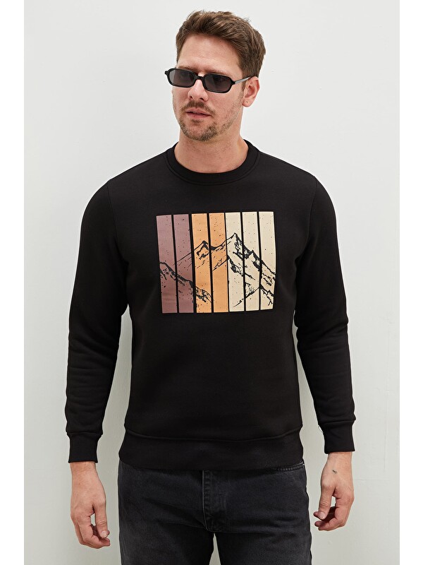 Fullamoda 3 İplik Dağ Baskılı Bisiklet Yaka Sweatshirt