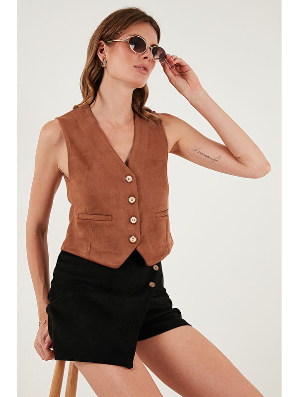 Lela Fitted V Yaka Düğmeli Crop Scuba Süet Kadın Yelek 5865576