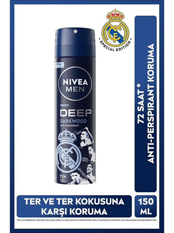 NIVEA MEN Erkek Sprey Deodorant Deep Darkwood 150 ml,Real Madrid Special Edition,Ter Kokusuna Karşı Koruma