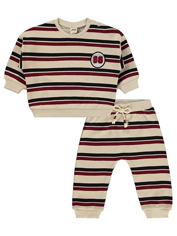 Civil Baby Çizgili Nakışlı 6-18 Ay Takım - Bej 18-24 Ay