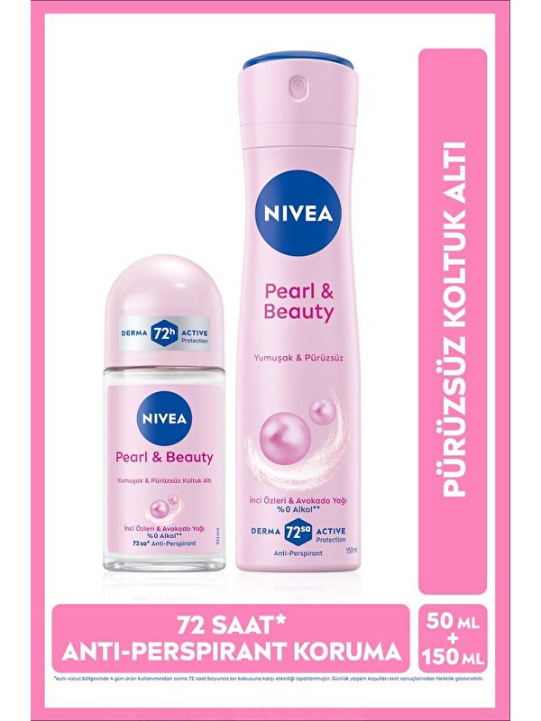 NIVEA Kadın Sprey Deodorant Pearl&Beauty 150 ml ve Roll on 50 ml,72 Saat Terlemeye Karşı Koruma,Alkolsüz