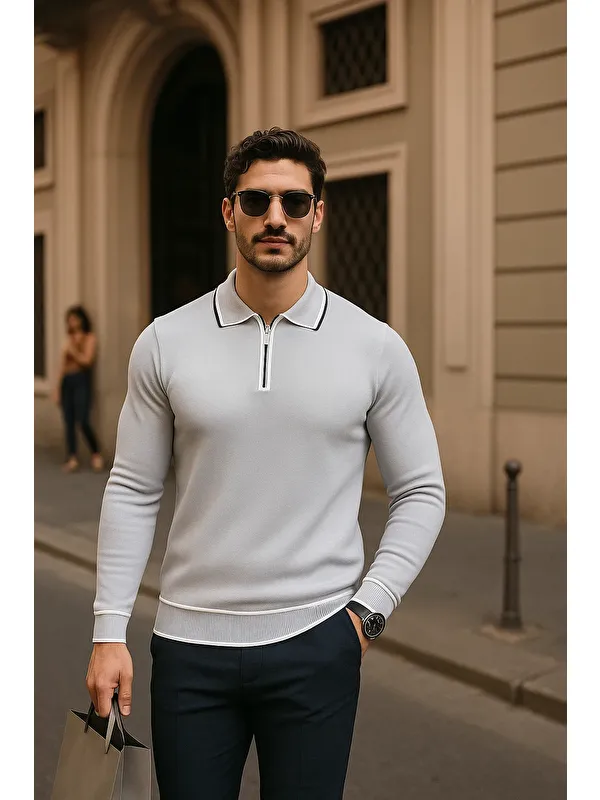 Comstar Erkek Fermuarlı Gri Uzun Kollu Polo Yaka Triko Kazak