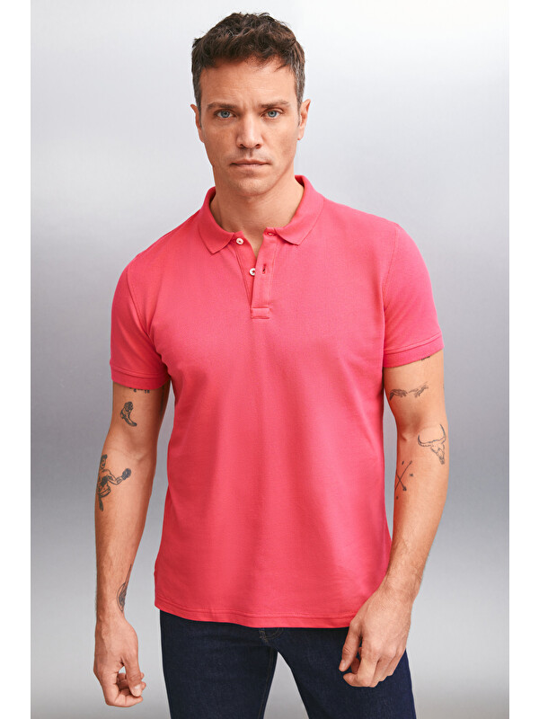 GRIMELANGE MARTEN Erkek %100 Pamuk Kısa Kollu Regular Fit FUŞYA Polo Yaka T-shirt