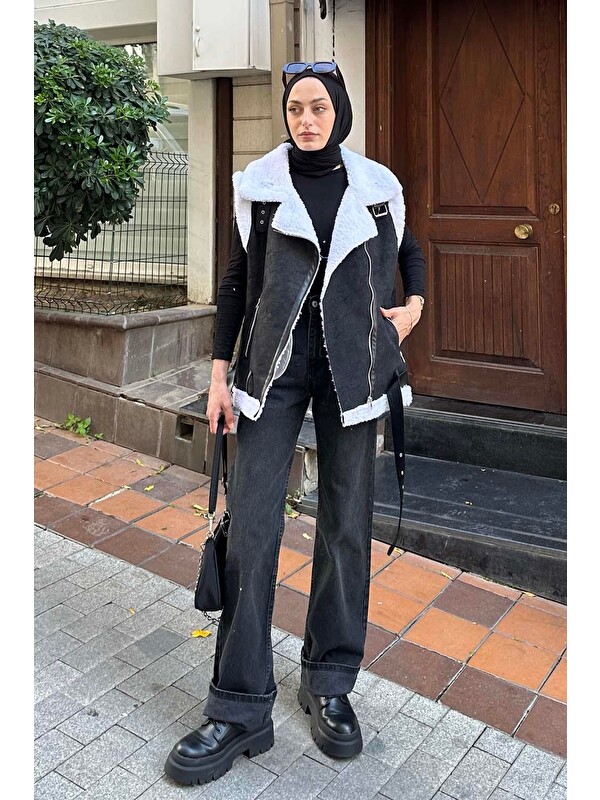 Lamelif Kürk Detaylı Süet Yelek Beyaz