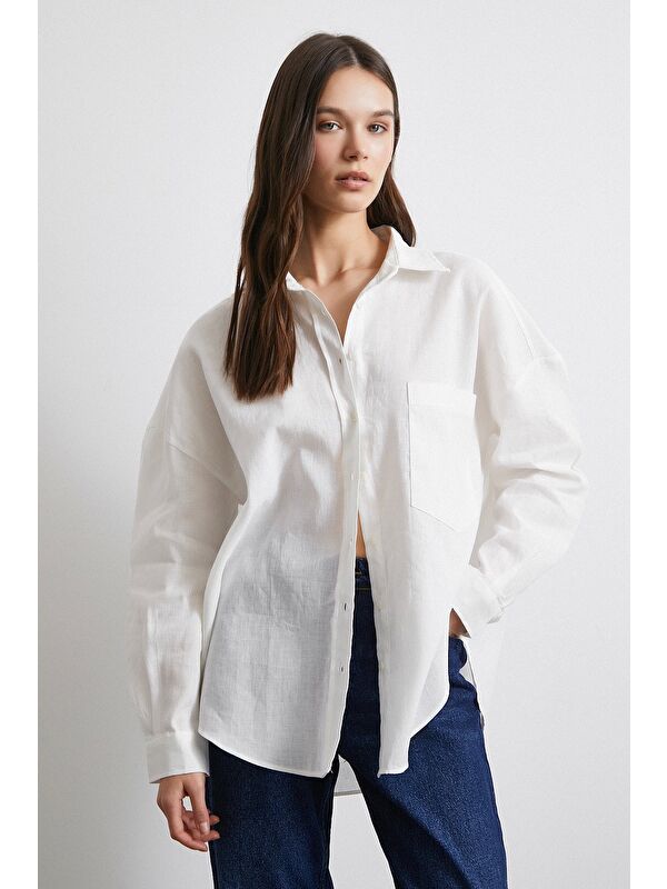 Never More Cepli Oversize Keten Görünümlü Gömlek Ekru
