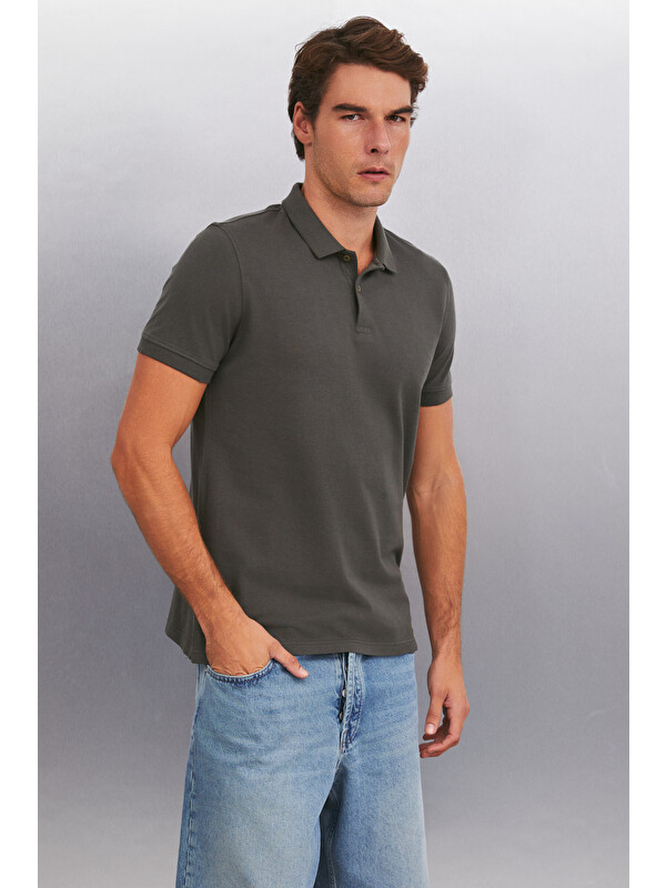 GRIMELANGE MARTEN Erkek %100 Pamuk Kısa Kollu Regular Fit ANTRASİT Polo Yaka T-shirt
