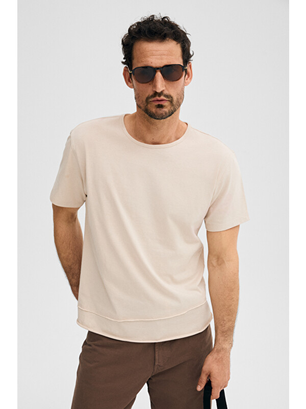GRIMELANGE POREC Erkek %100 Organik Pamuklu Yuvarlak Yakalı Regular Fit TAŞ T-Shirt