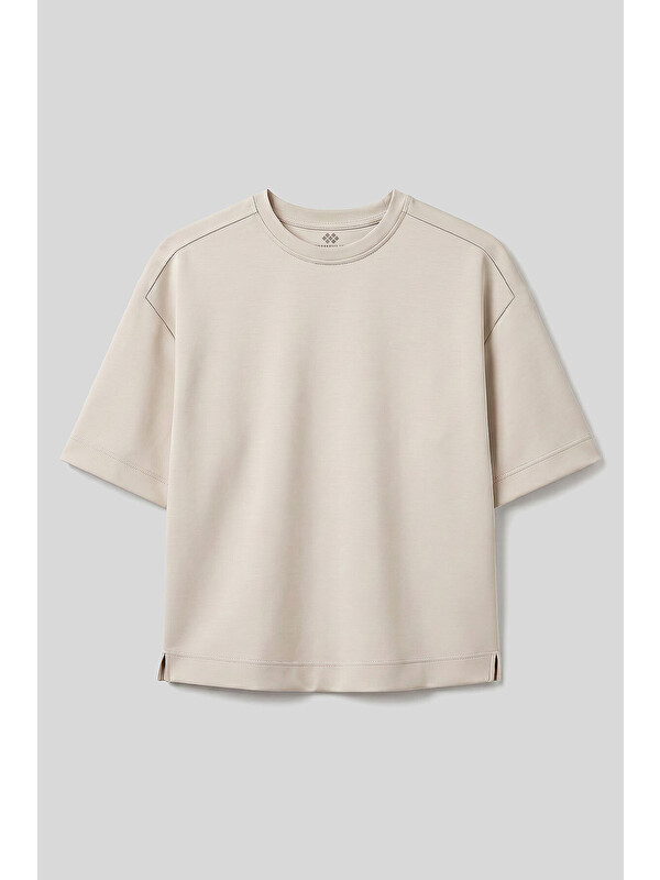 Tommylife Bej O Yaka Oversize Kısa Kollu Kadın T-Shirt - 97316