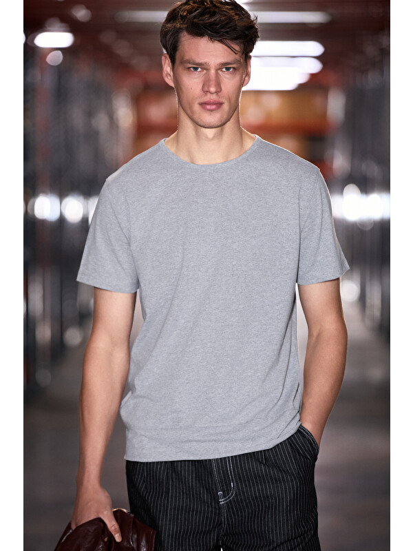 GRIMELANGE POREC Erkek %100 Organik Pamuklu Yuvarlak Yakalı Regular Fit GRİ MELANJ T-Shirt