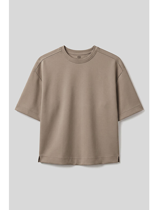 Tommylife Koyu Bej O Yaka Oversize Kısa Kollu Kadın T-Shirt - 97316