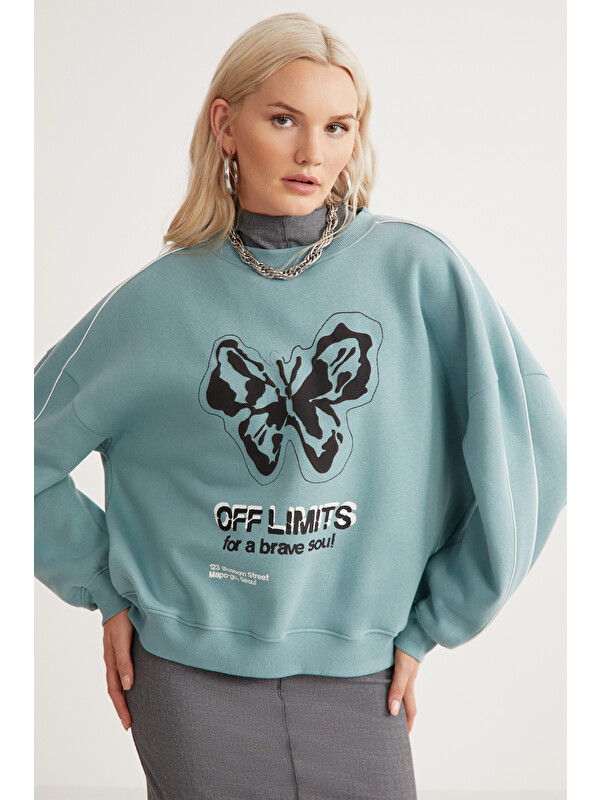 GRIMELANGE RAKETI Kadın İçi Polarlı Yumuşacık Bisiklet Yaka Biye Ve Parça Baskılı Relaxed YEŞİL Sweatshirt