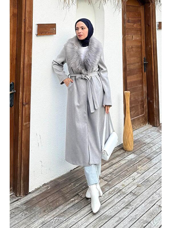 Lamelif Kürk Yakalı Kaban Gri