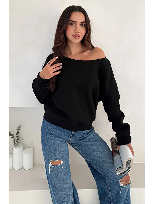 carla10 Kayık Yaka Polar Sweatshirt Siyah