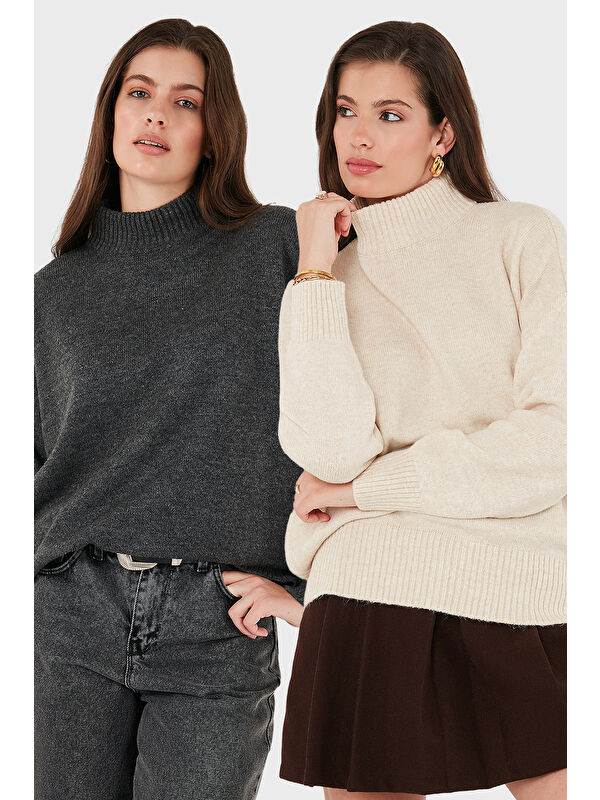 Lela Oversize Fit Balıkçı Yaka Yumuşak Dokulu 2'li Paket Triko Kazak 680KZ00469S2