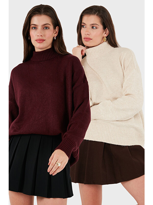 Lela Oversize Fit Balıkçı Yaka Yumuşak Dokulu 2'li Paket Triko Kazak 680KZ00469S2