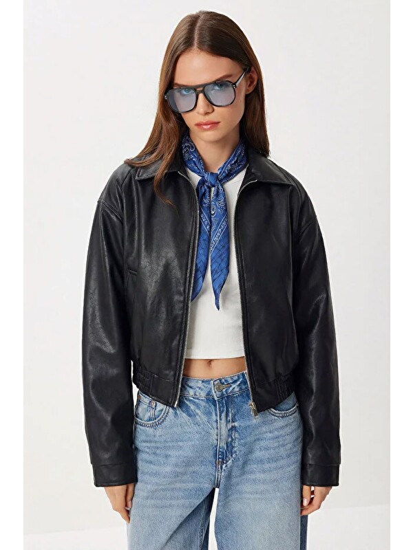 ginger love Suni Deri Bomber Ceket Siyah