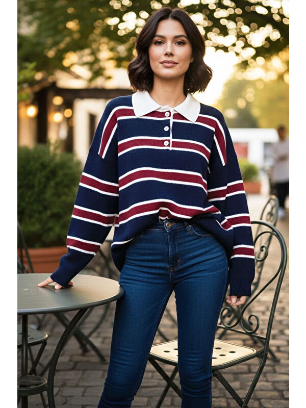 Tarz Cool Lacivert Premium/Özel İplik Polo Yaka Triko Kazak