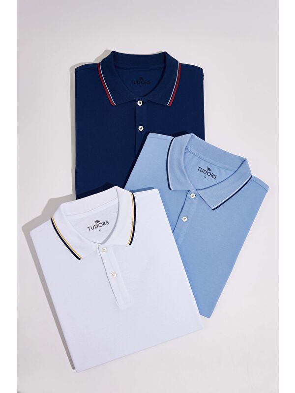 TUDORS Erkek 3'Lü Paket Beyaz-Mavi-Lacivert Slim Fit Pamuklu Düz Pike Polo Yaka Tişört