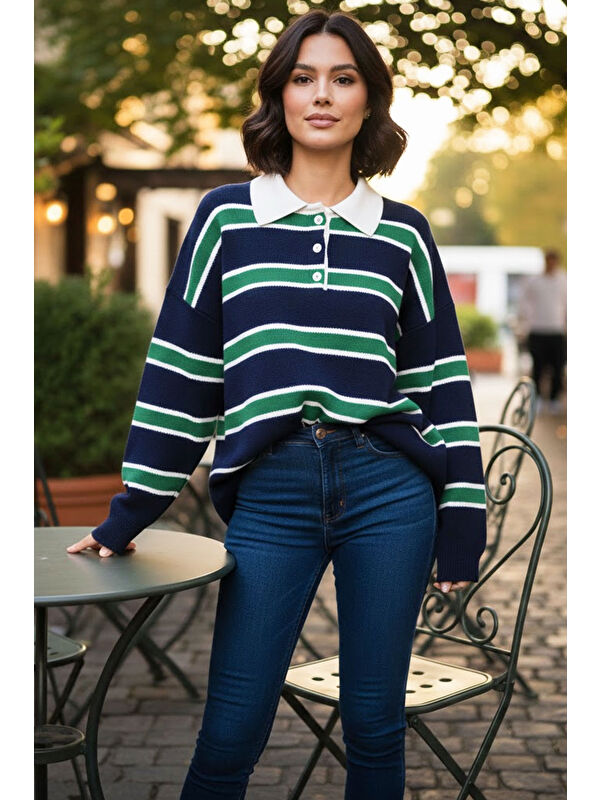 Tarz Cool Yeşil Premium/Özel İplik Polo Yaka Triko Kazak