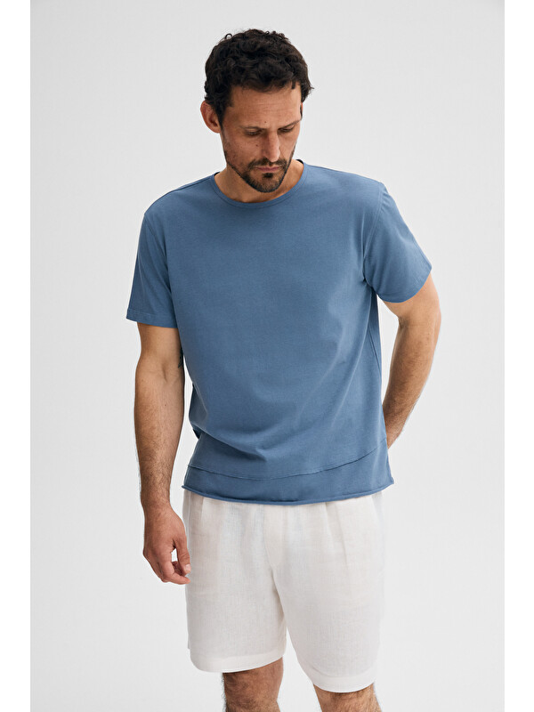 GRIMELANGE POREC Erkek %100 Organik Pamuklu Yuvarlak Yakalı Regular Fit İNDİGO T-Shirt