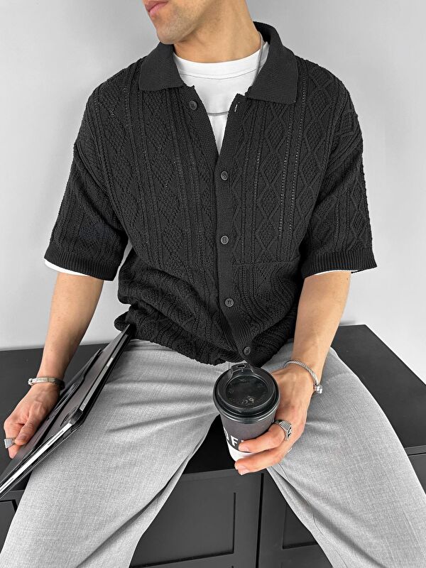 Abluka Online Erkek Oversize Desenli Örme Gömlek Siyah