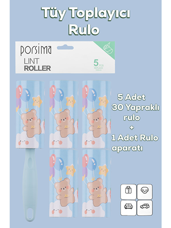 Porsima 3105 Kedi Köpek Tüy Toplayıcı Rulo + 4 Adet Yedek Rulo Mavi